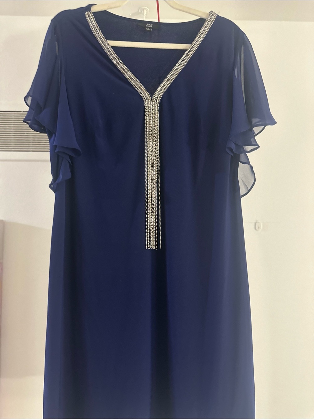 Chiffon Ruffle Sleeve Evening Dress with Silver Chain Detail - Navy